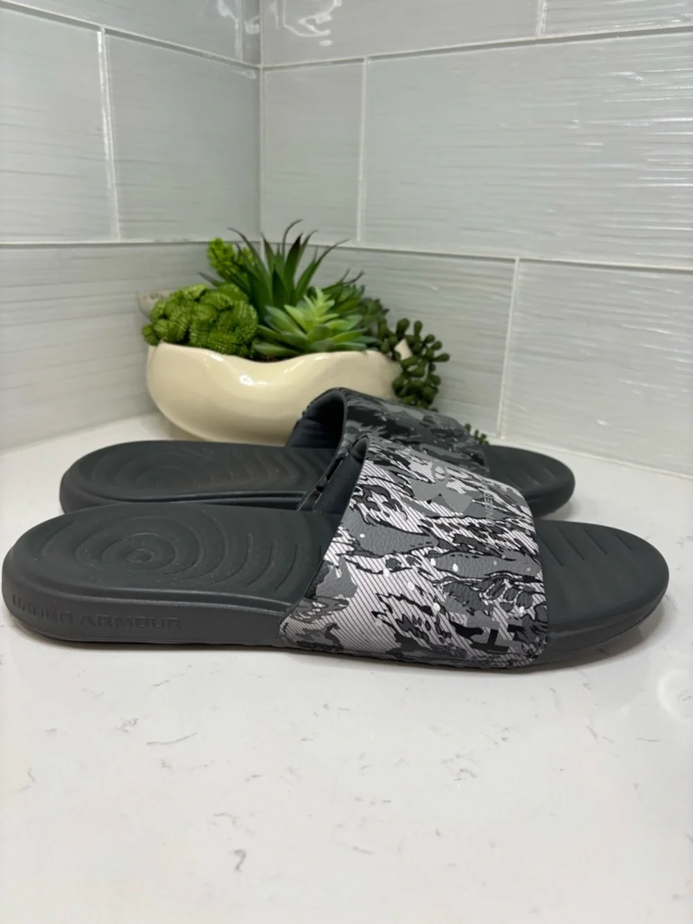 Under Armour Ansa Size 12 Graphic Slides Gray Camo Off Court Slip On Flats Shoes